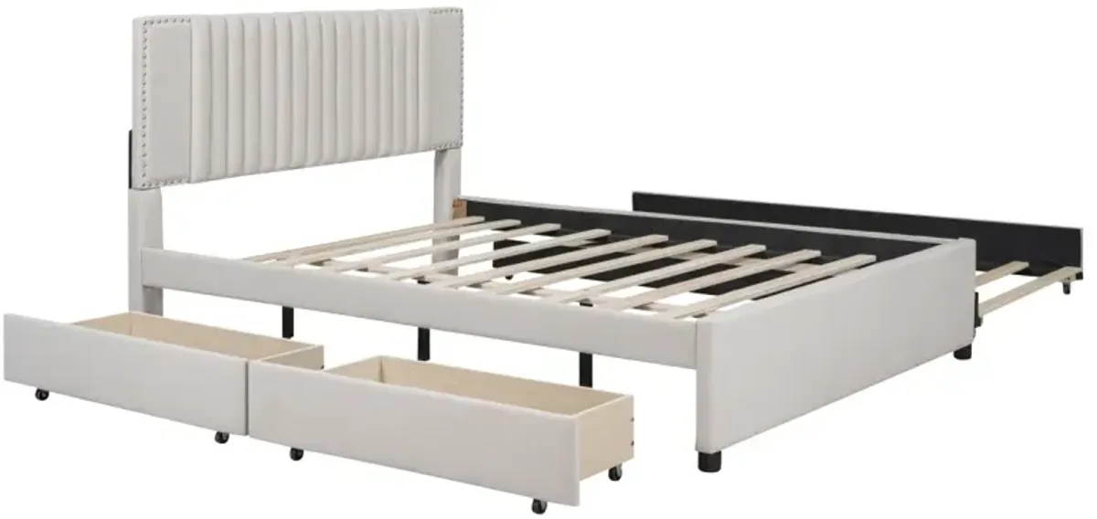 Queen Size Upholstered Platform Bed With 2 Drawers And 1 Twin XL Trundle, Classic Headboard Design