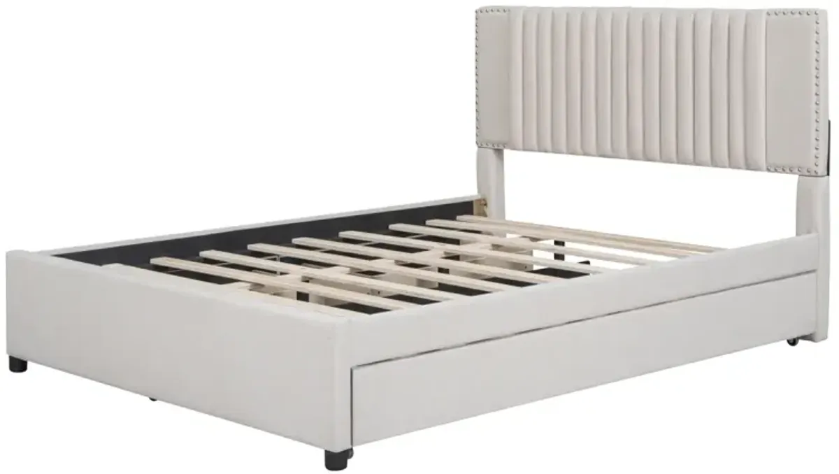 Queen Size Upholstered Platform Bed With 2 Drawers And 1 Twin XL Trundle, Classic Headboard Design