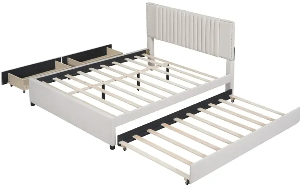 Queen Size Upholstered Platform Bed With 2 Drawers And 1 Twin XL Trundle, Classic Headboard Design