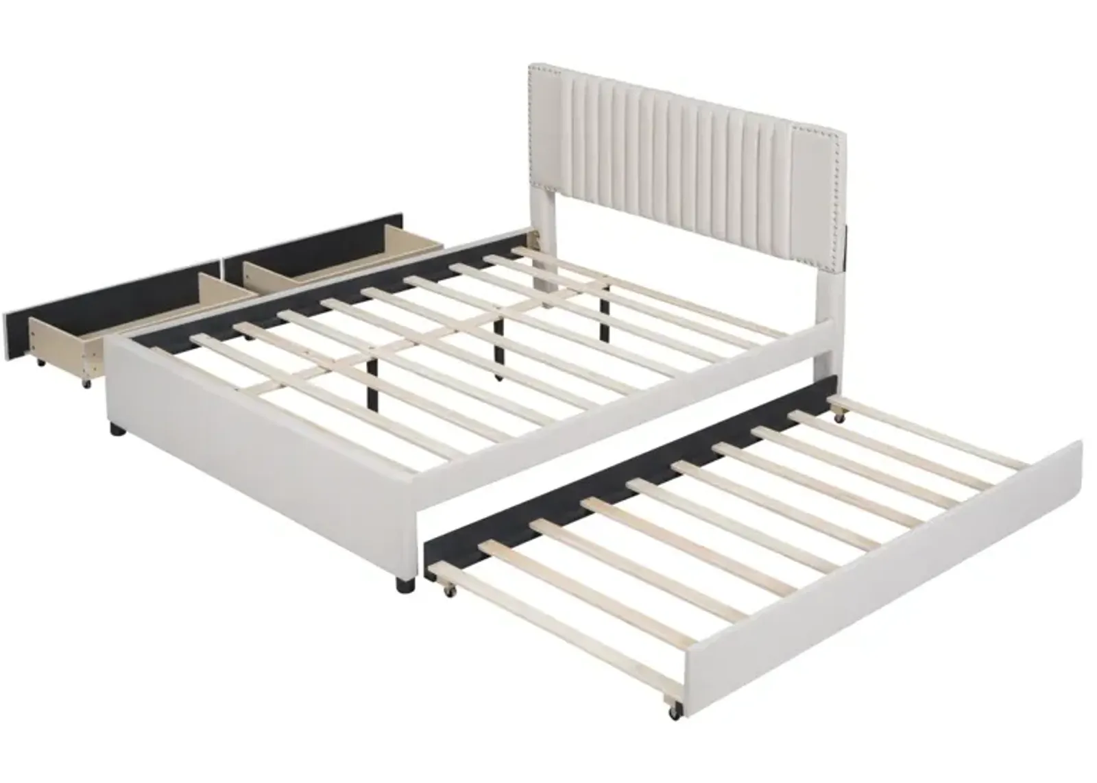 Queen Size Upholstered Platform Bed With 2 Drawers And 1 Twin XL Trundle, Classic Headboard Design