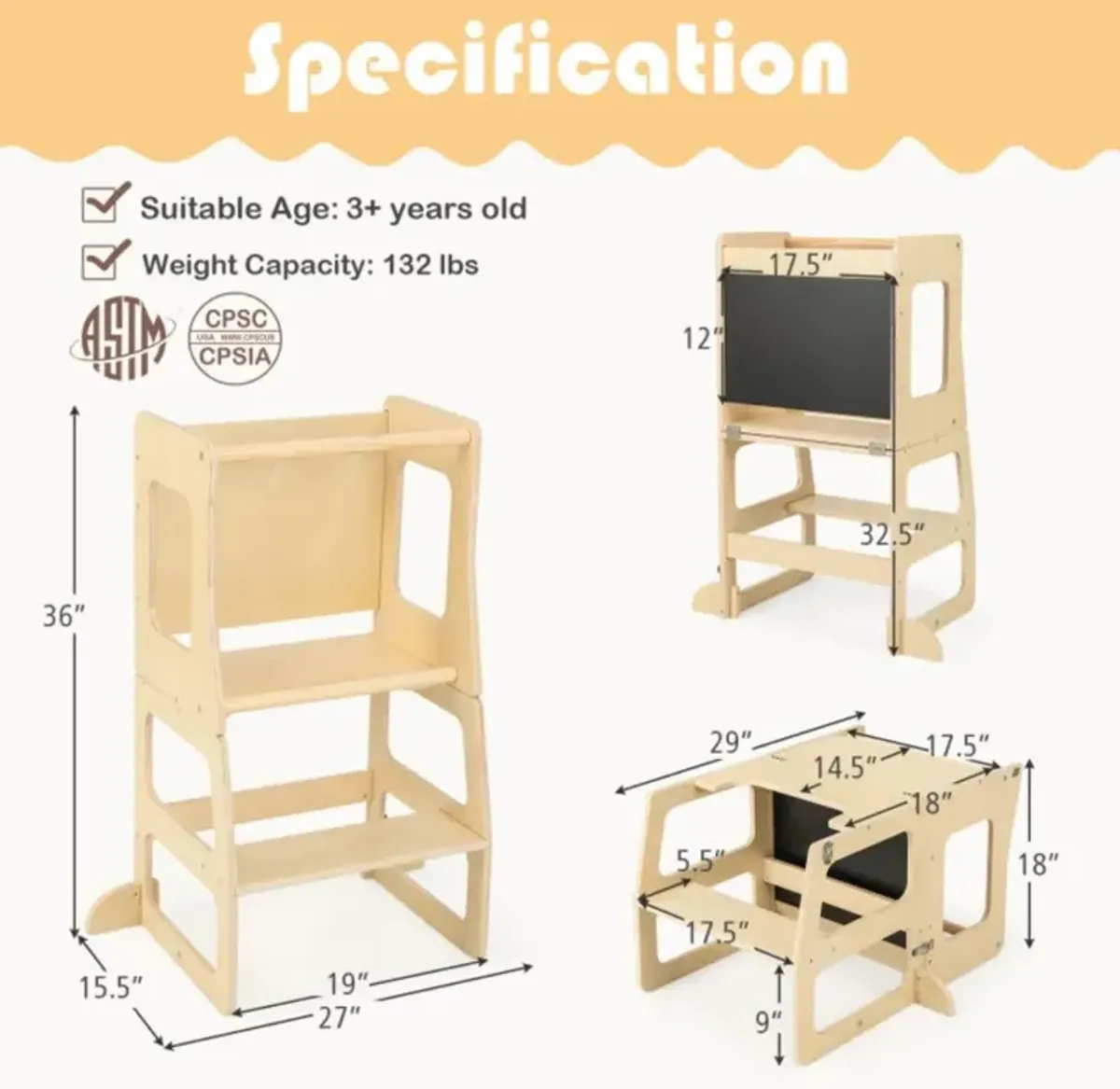 Hivvago 3-in-1 Foldable Kitchen Standing Tower for Toddlers with Chalkboard