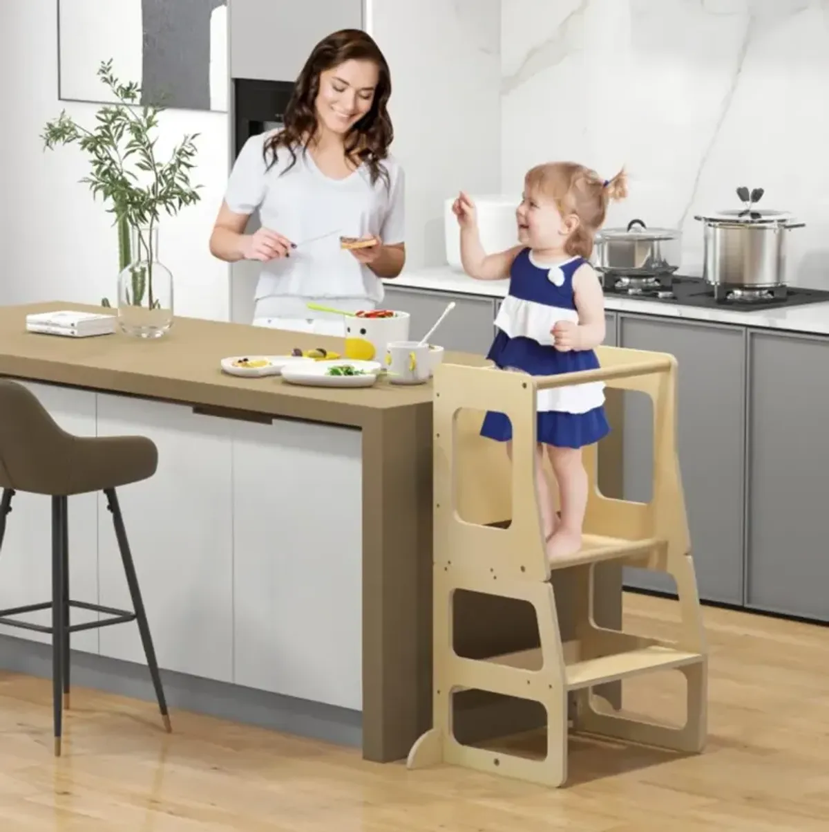 Hivvago 3-in-1 Foldable Kitchen Standing Tower for Toddlers with Chalkboard