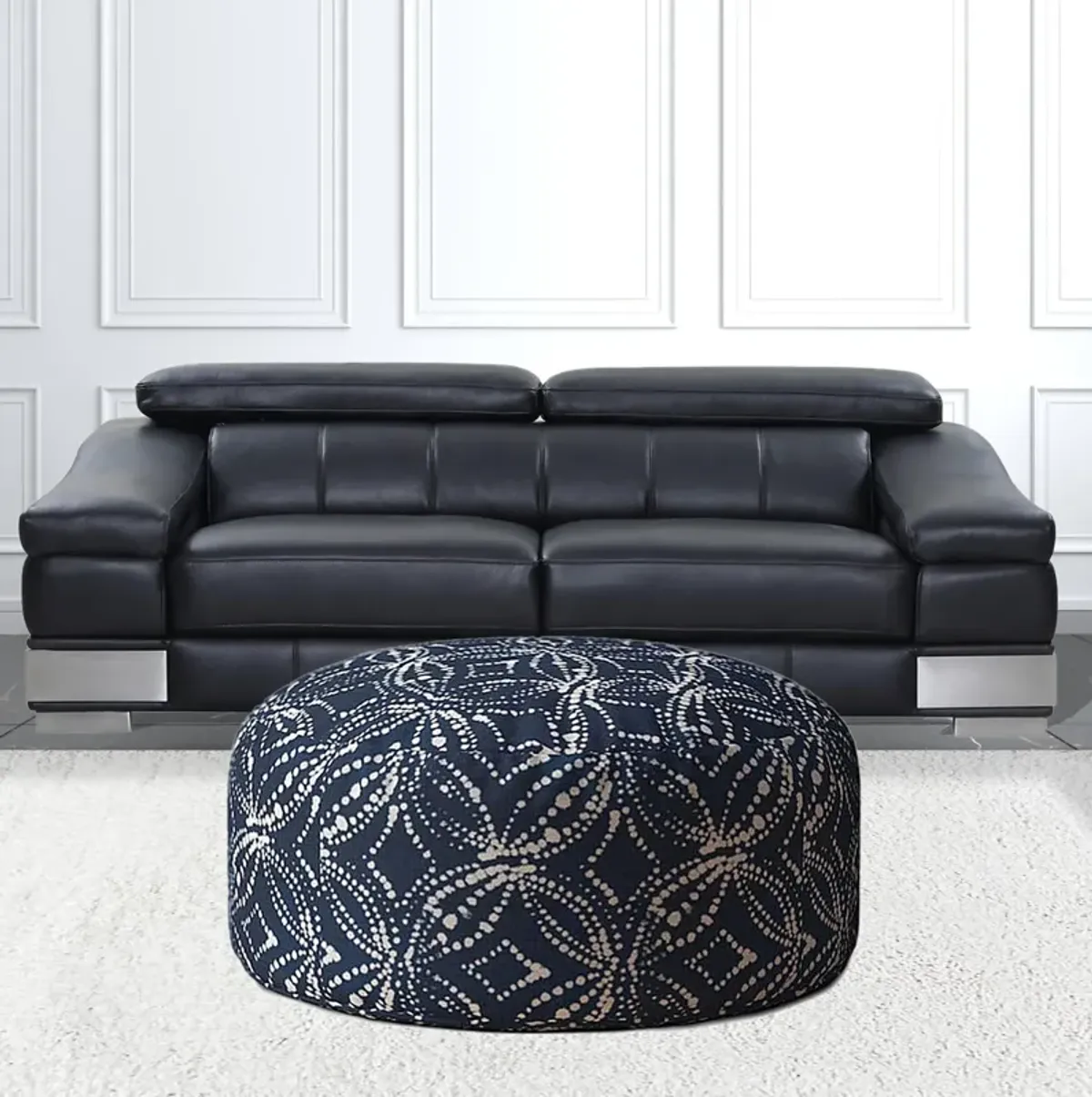 Hivvago 24" Blue And White Canvas Round Damask Pouf Ottoman