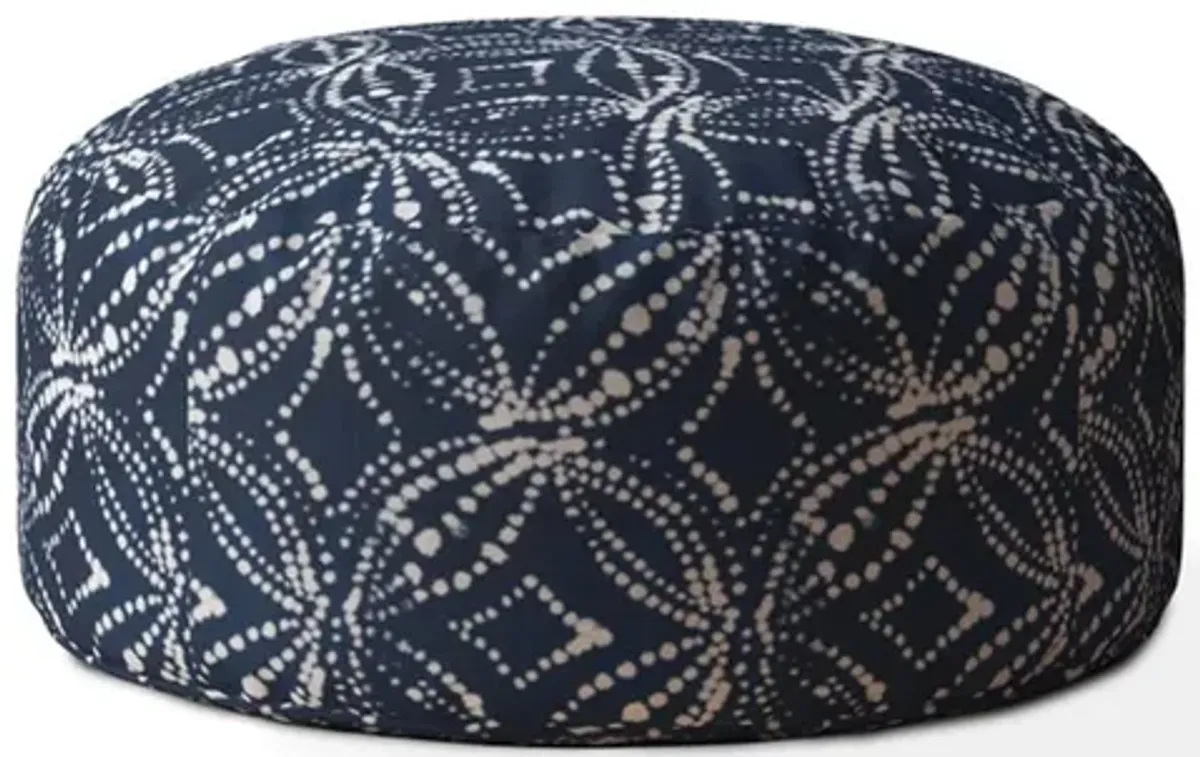 Homezia 24" Blue And White Canvas Round Damask Pouf Ottoman