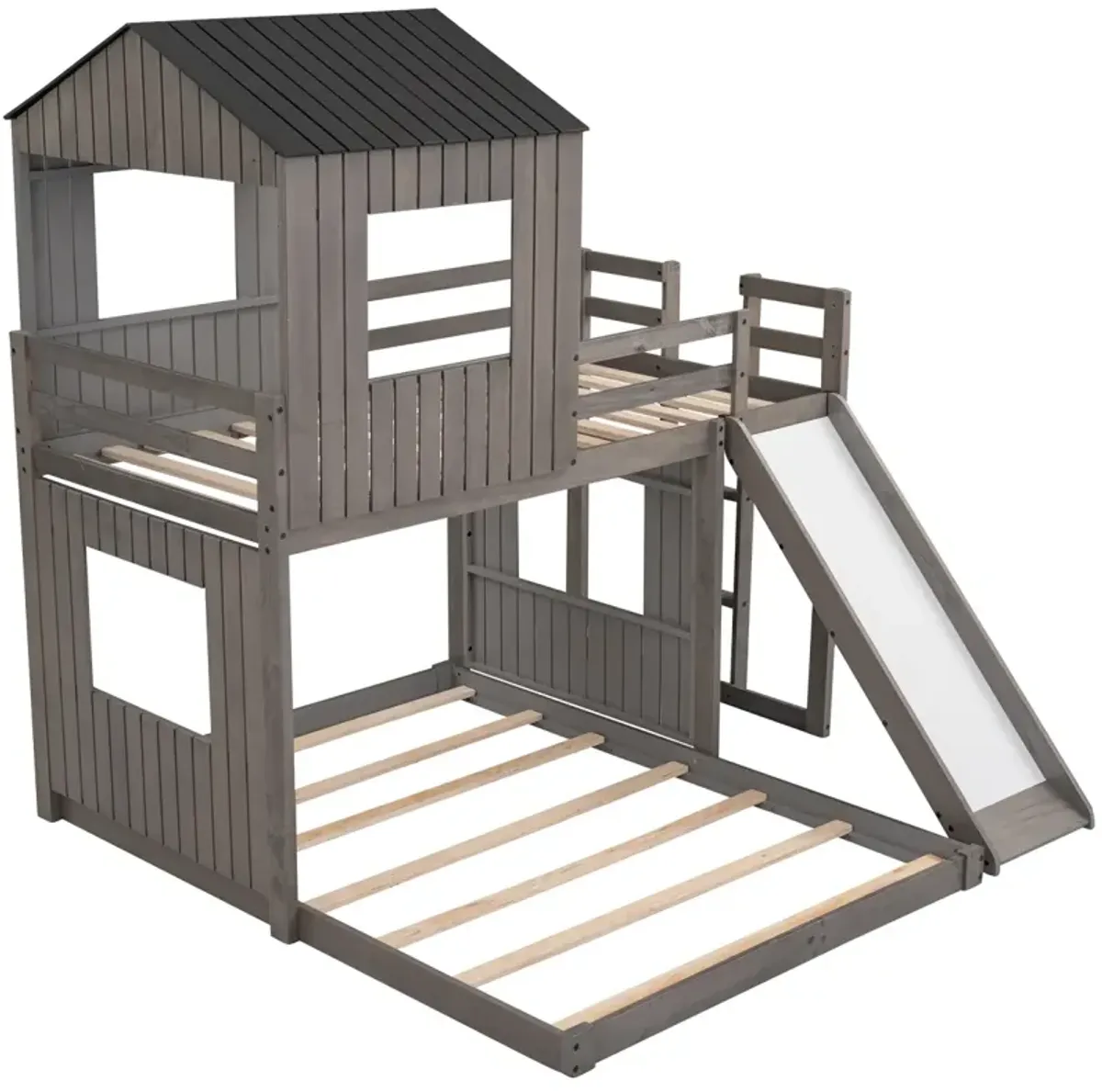 Wooden Twin Over Full Bunk Bed, Loft Bed With Playhouse, Farmhouse, Ladder, Slide And Guardrail