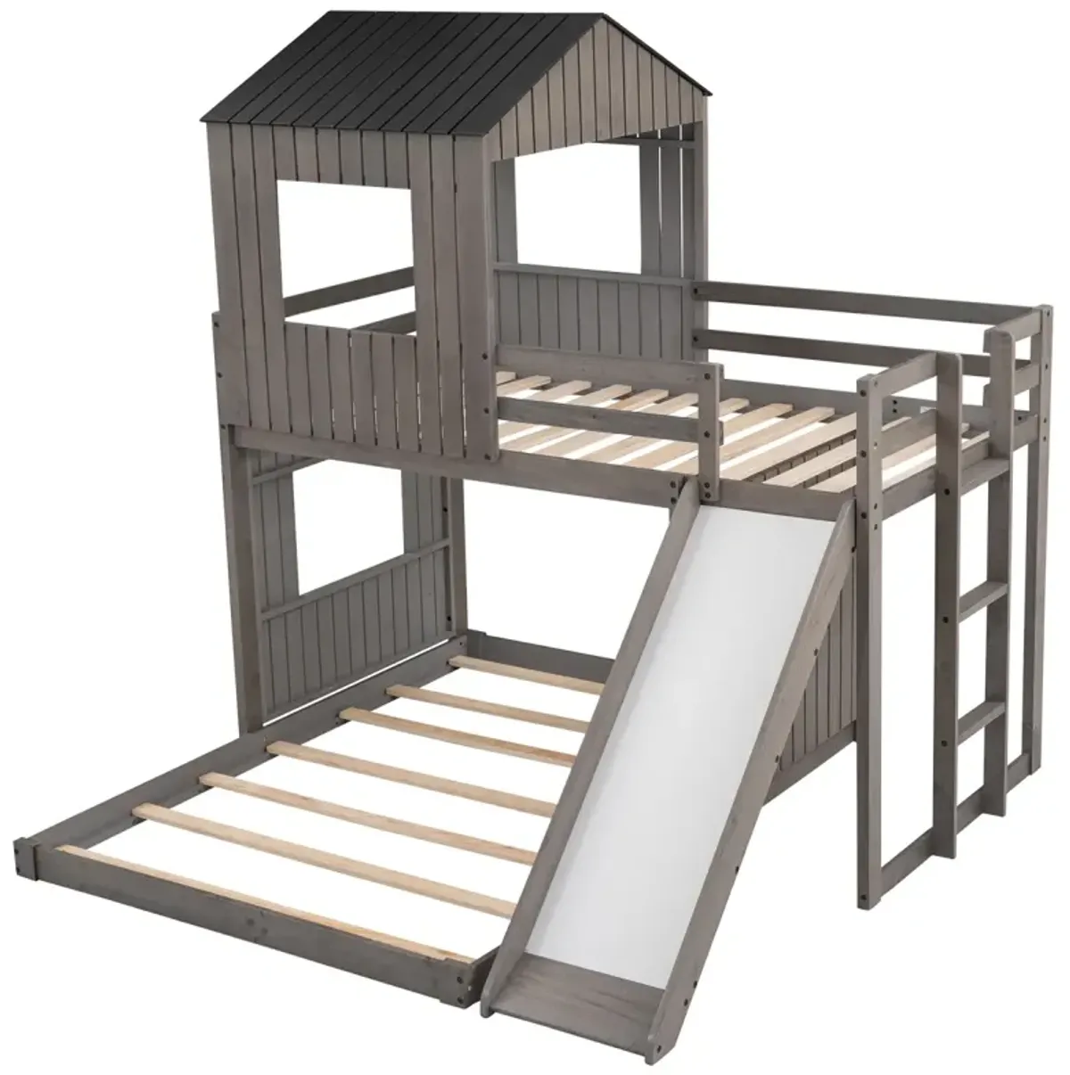 Wooden Twin Over Full Bunk Bed, Loft Bed With Playhouse, Farmhouse, Ladder, Slide And Guardrail