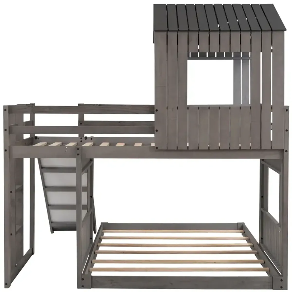 Wooden Twin Over Full Bunk Bed, Loft Bed With Playhouse, Farmhouse, Ladder, Slide And Guardrail