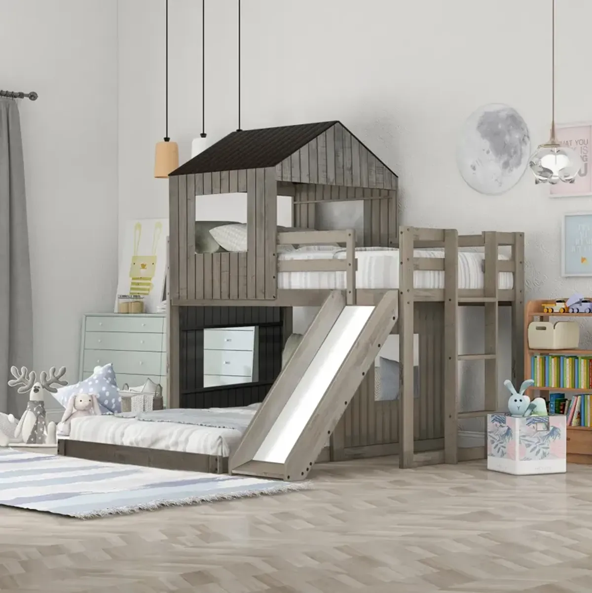 Wooden Twin Over Full Bunk Bed, Loft Bed With Playhouse, Farmhouse, Ladder, Slide And Guardrail