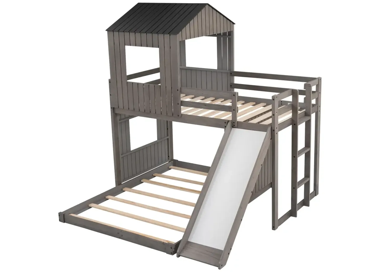 Wooden Twin Over Full Bunk Bed, Loft Bed With Playhouse, Farmhouse, Ladder, Slide And Guardrail