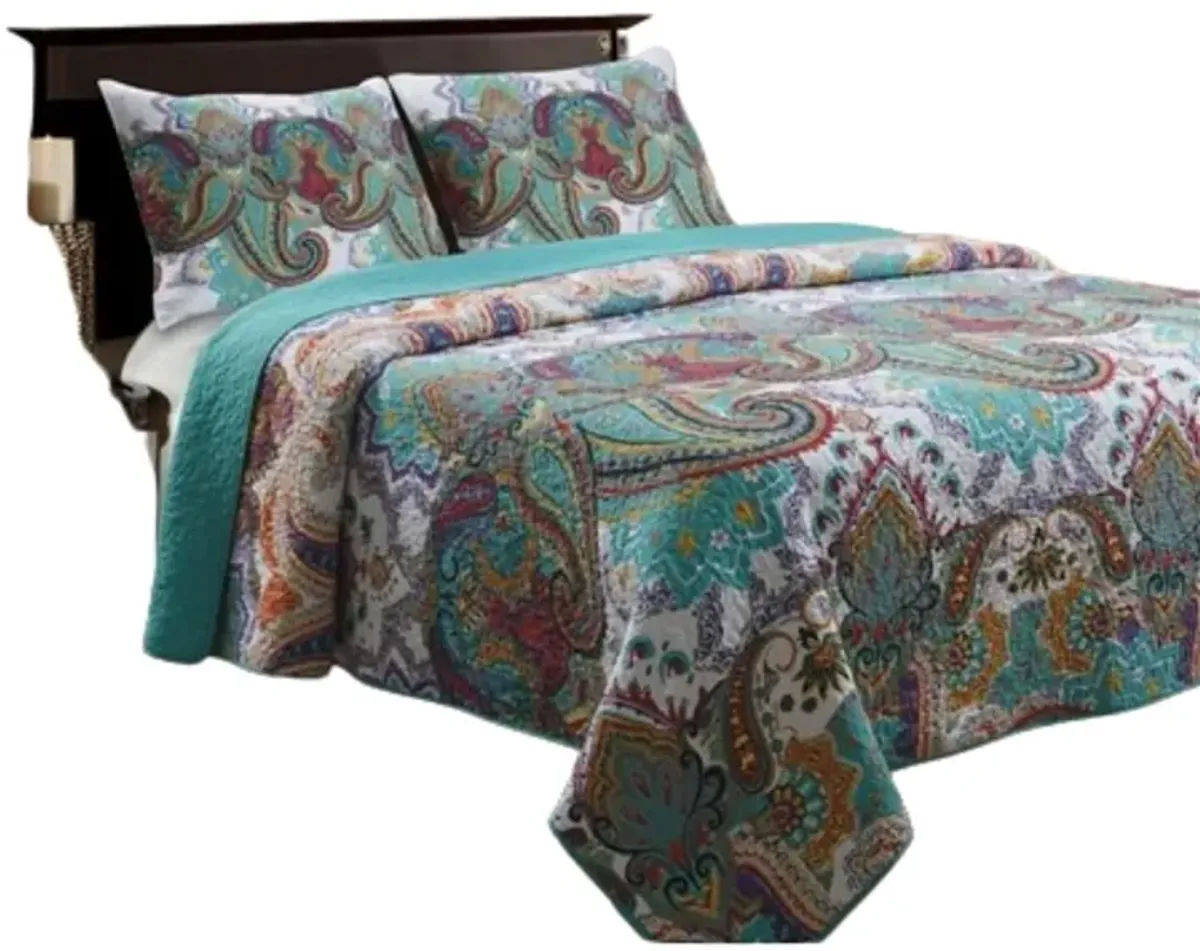 QuikFurn King size 100-Percent Cotton Quilt Set in Teal Paisley Pattern - Preshrunk