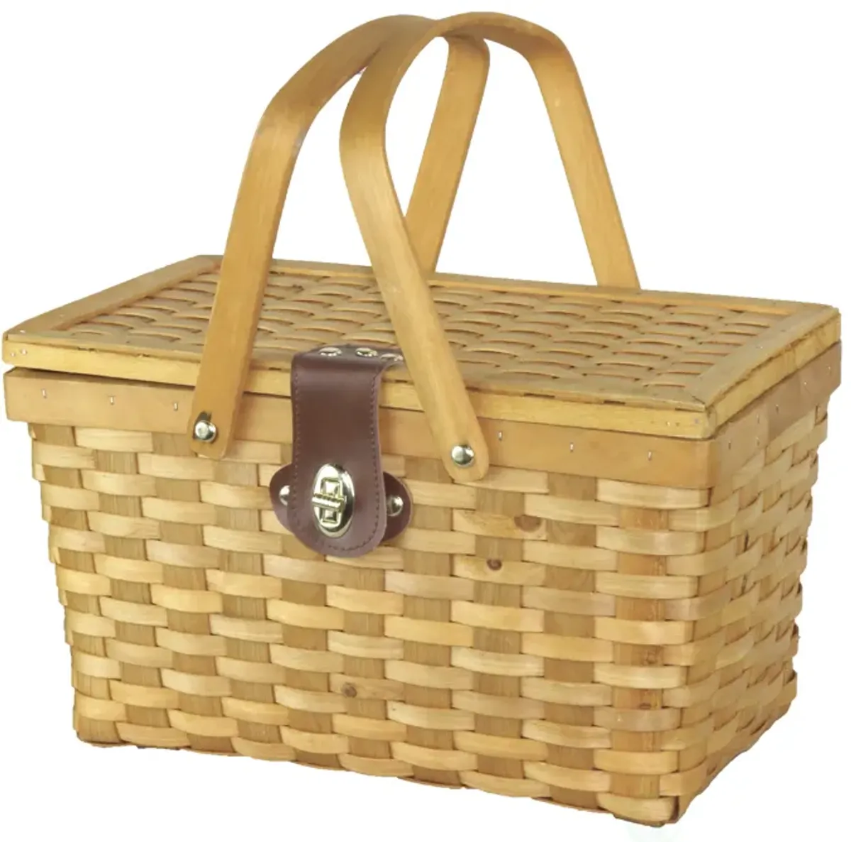 Gingham Lined Woodchip Picnic Basket With Lid and Movable Handles