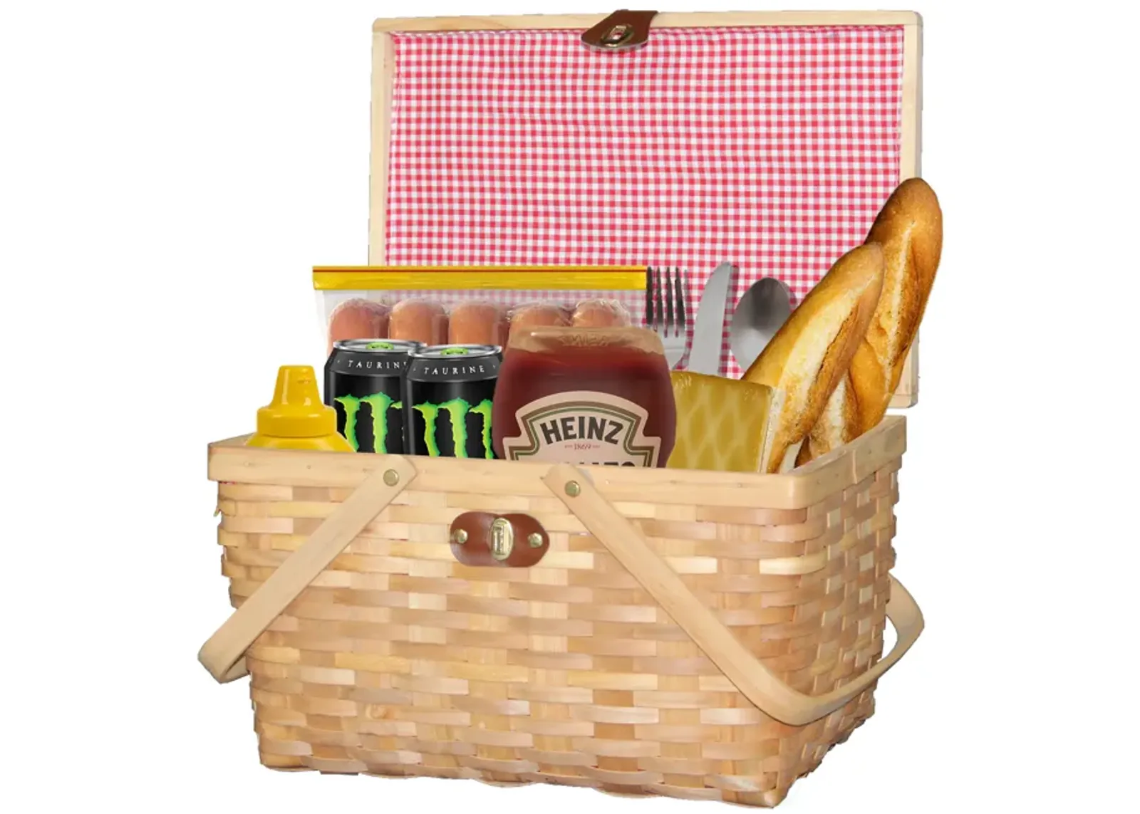 Gingham Lined Woodchip Picnic Basket With Lid and Movable Handles