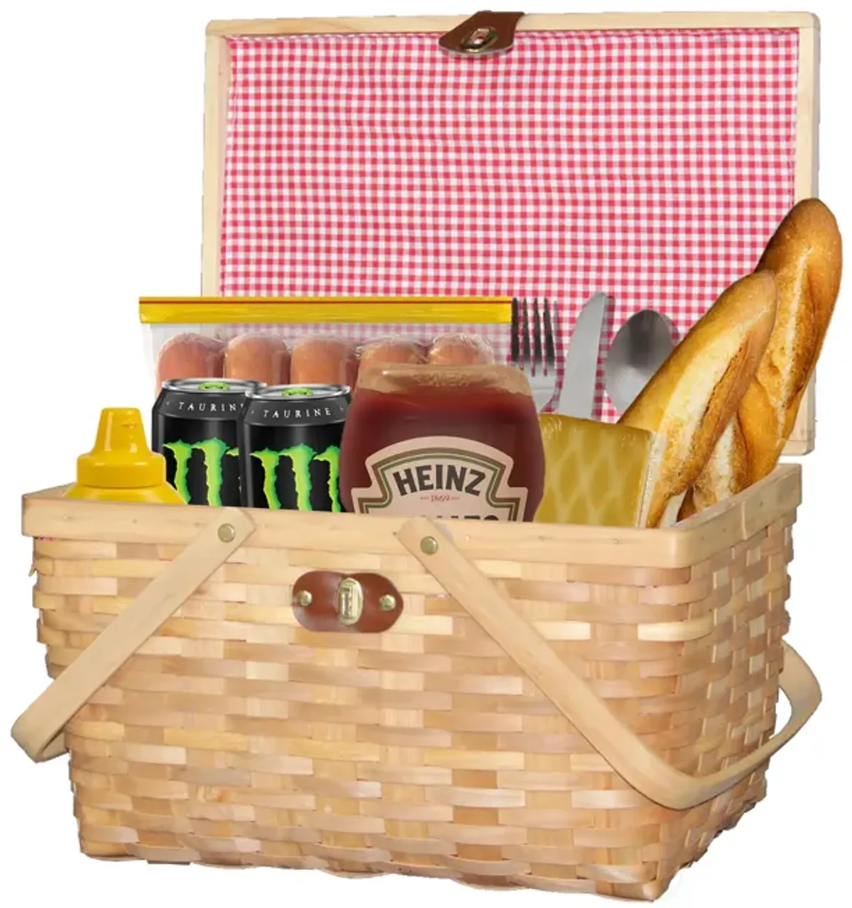 Gingham Lined Woodchip Picnic Basket With Lid and Movable Handles