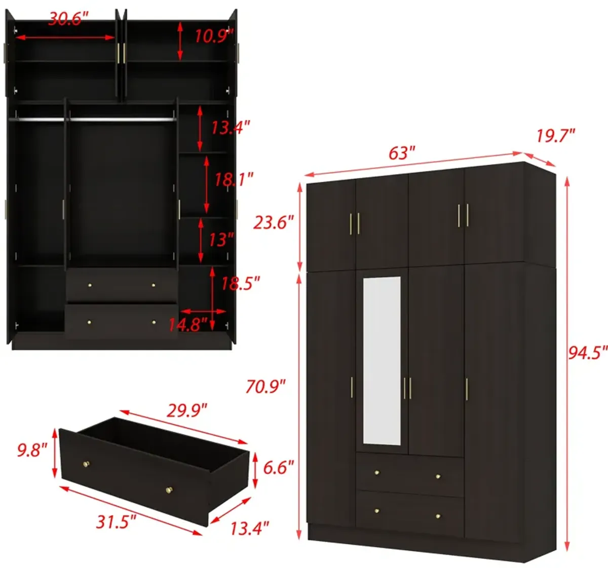 FUFU&GAGA Four-Door Wardrobe with Mirror, Top Cabinet, and Drawers (63" W x 19.7" D x 94.5" H),White