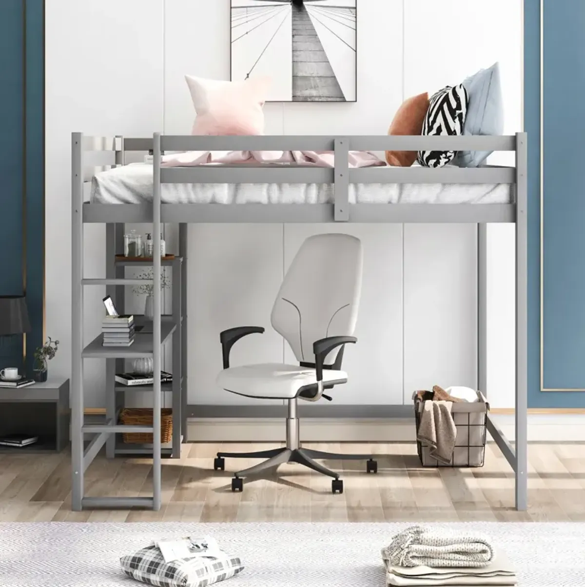 Full Size Loft Bed with Built-in Desk and Shelves