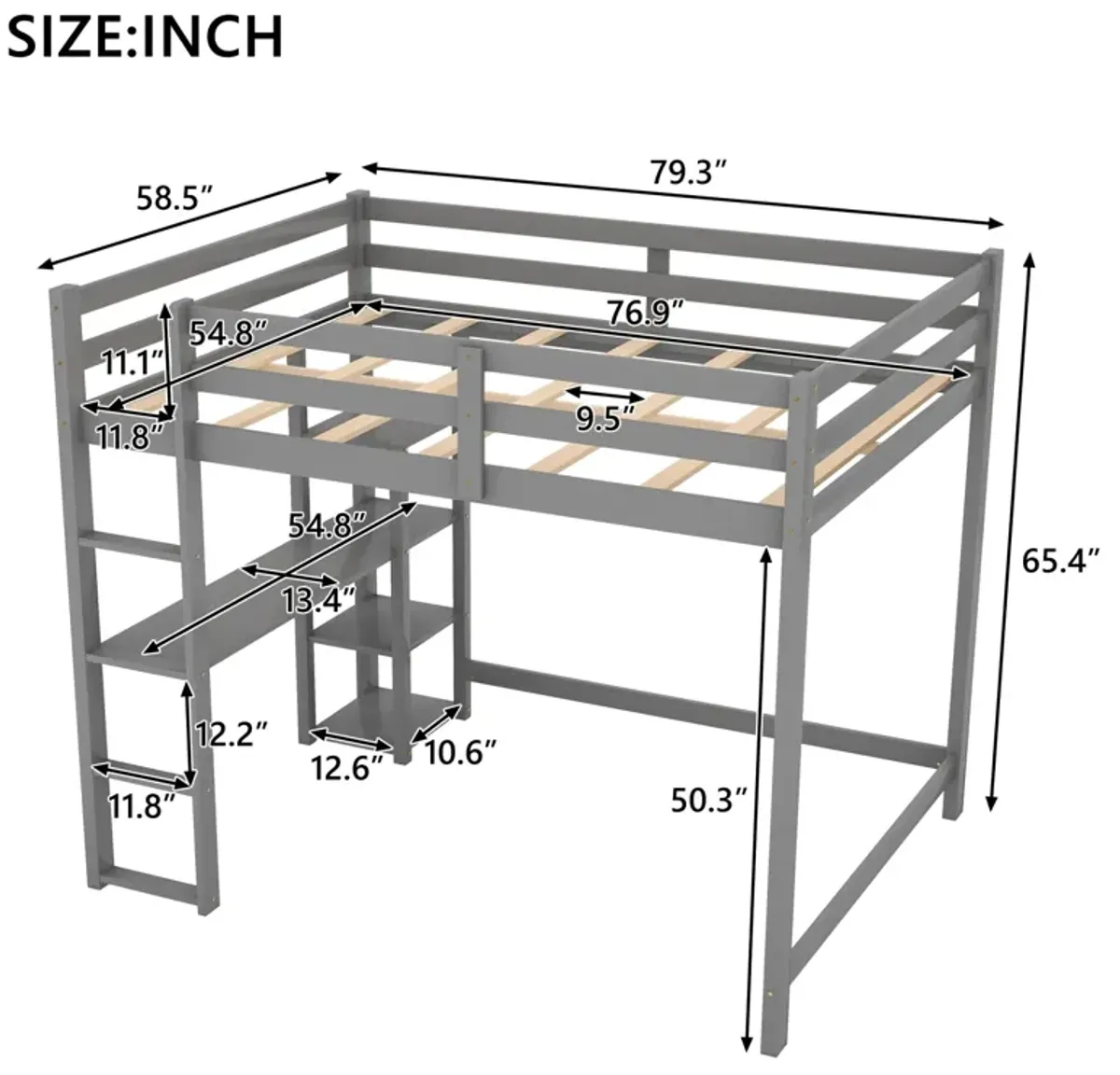 Full Size Loft Bed with Built-in Desk and Shelves