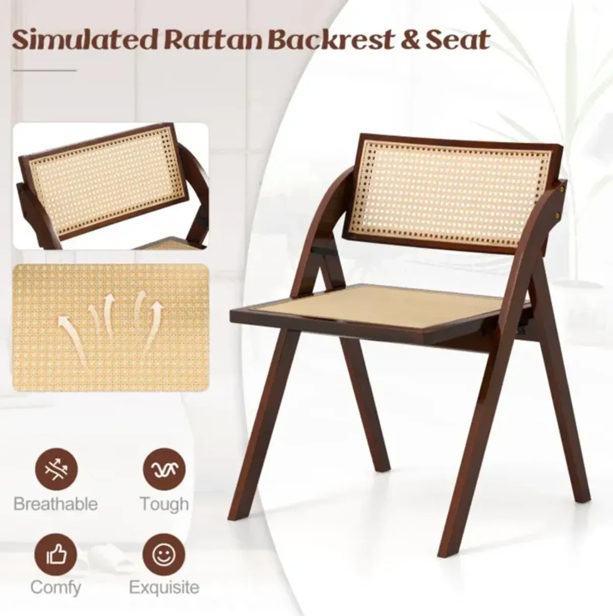 Hivvago Foldable Dining Chairs Set of 2 with Woven Rattan Backrest