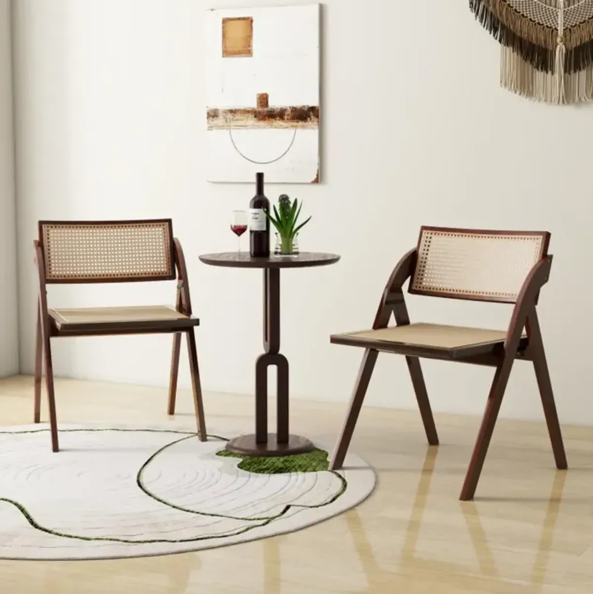 Hivvago Foldable Dining Chairs Set of 2 with Woven Rattan Backrest