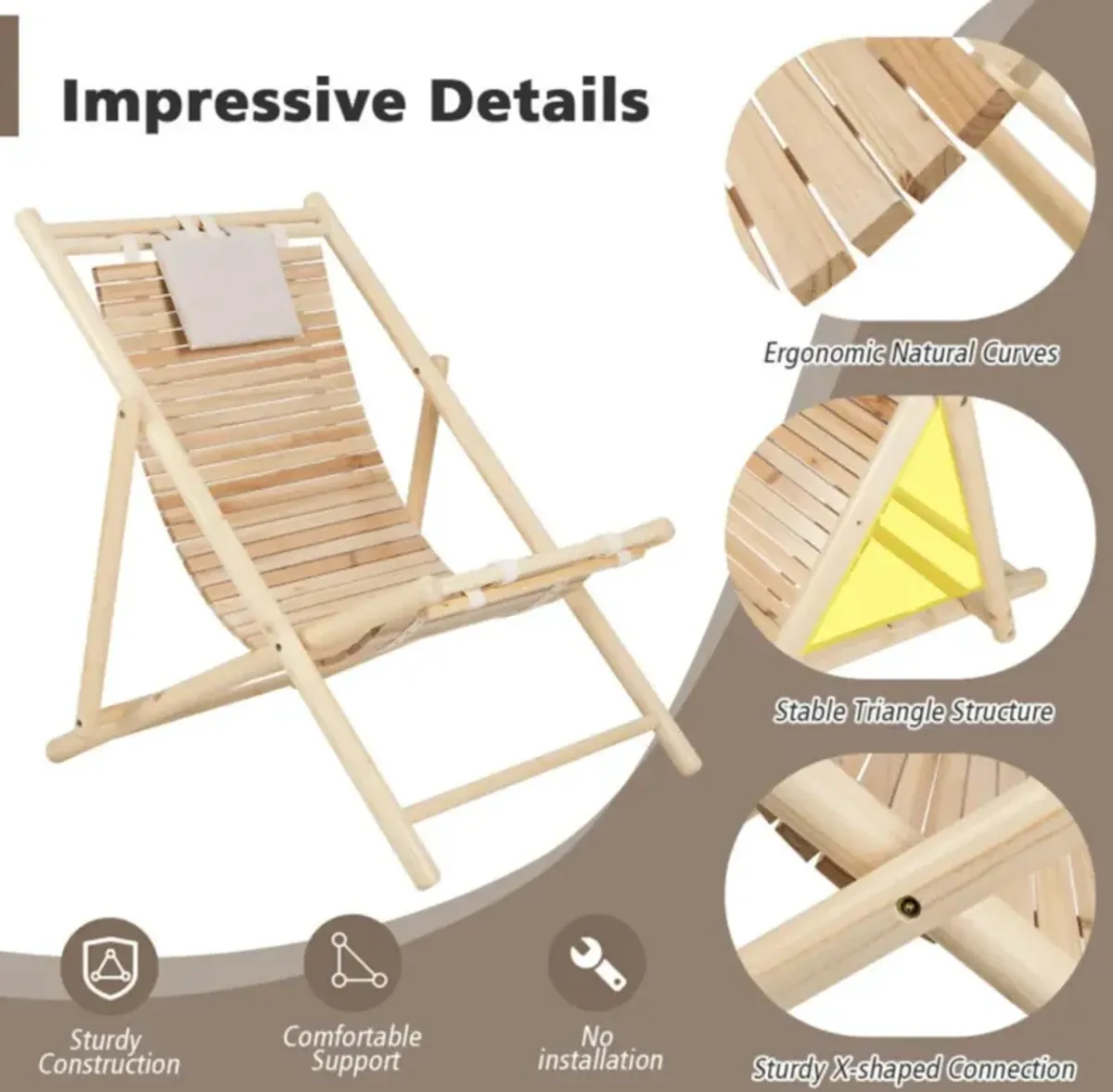 Hivvago Solid Fir Wood Lounge Chair with 3-Level Adjustable Backrest and Soft Padded Headrest-Natural