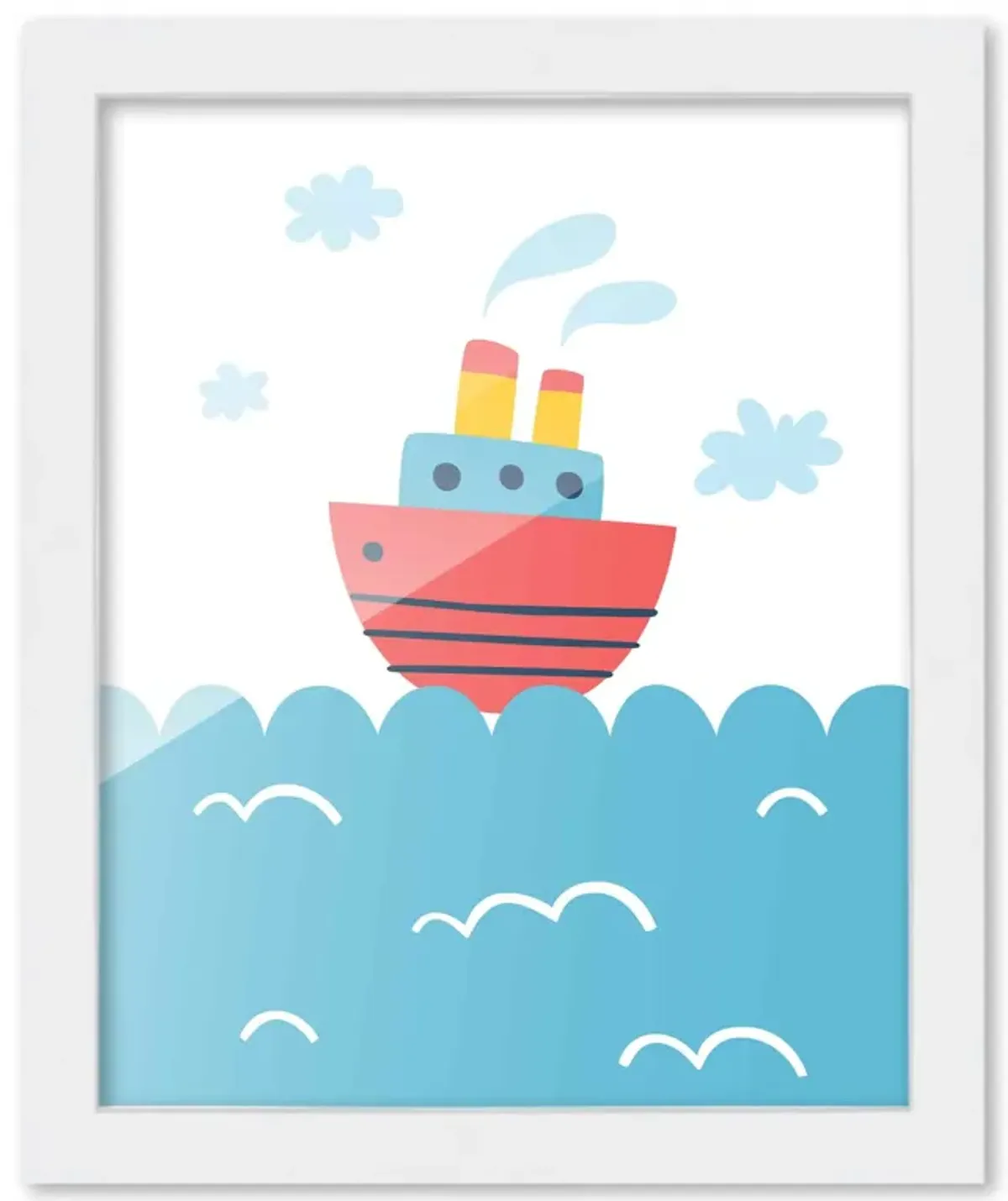 8x10 Framed Nursery Wall Art Hand Drawn Nautical Boat Poster in White Wood Frame For Kid Bedroom or Playroom