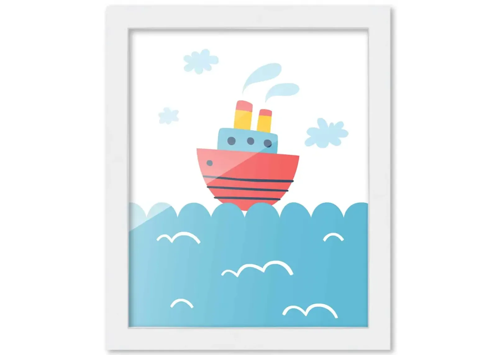 8x10 Framed Nursery Wall Art Hand Drawn Nautical Boat Poster in White Wood Frame For Kid Bedroom or Playroom