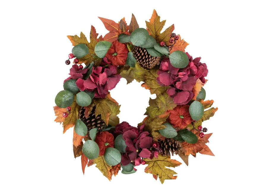 Orange and Burgundy Fall Harvest Artificial Floral and Pinecone Wreath  22-Inch