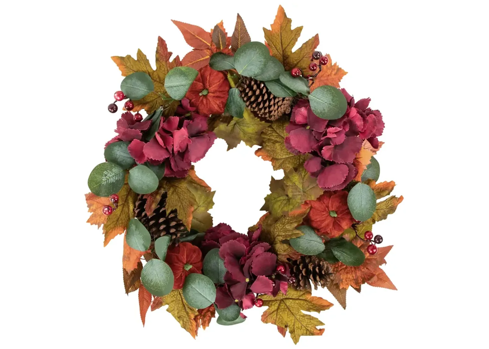 Orange and Burgundy Fall Harvest Artificial Floral and Pinecone Wreath  22-Inch