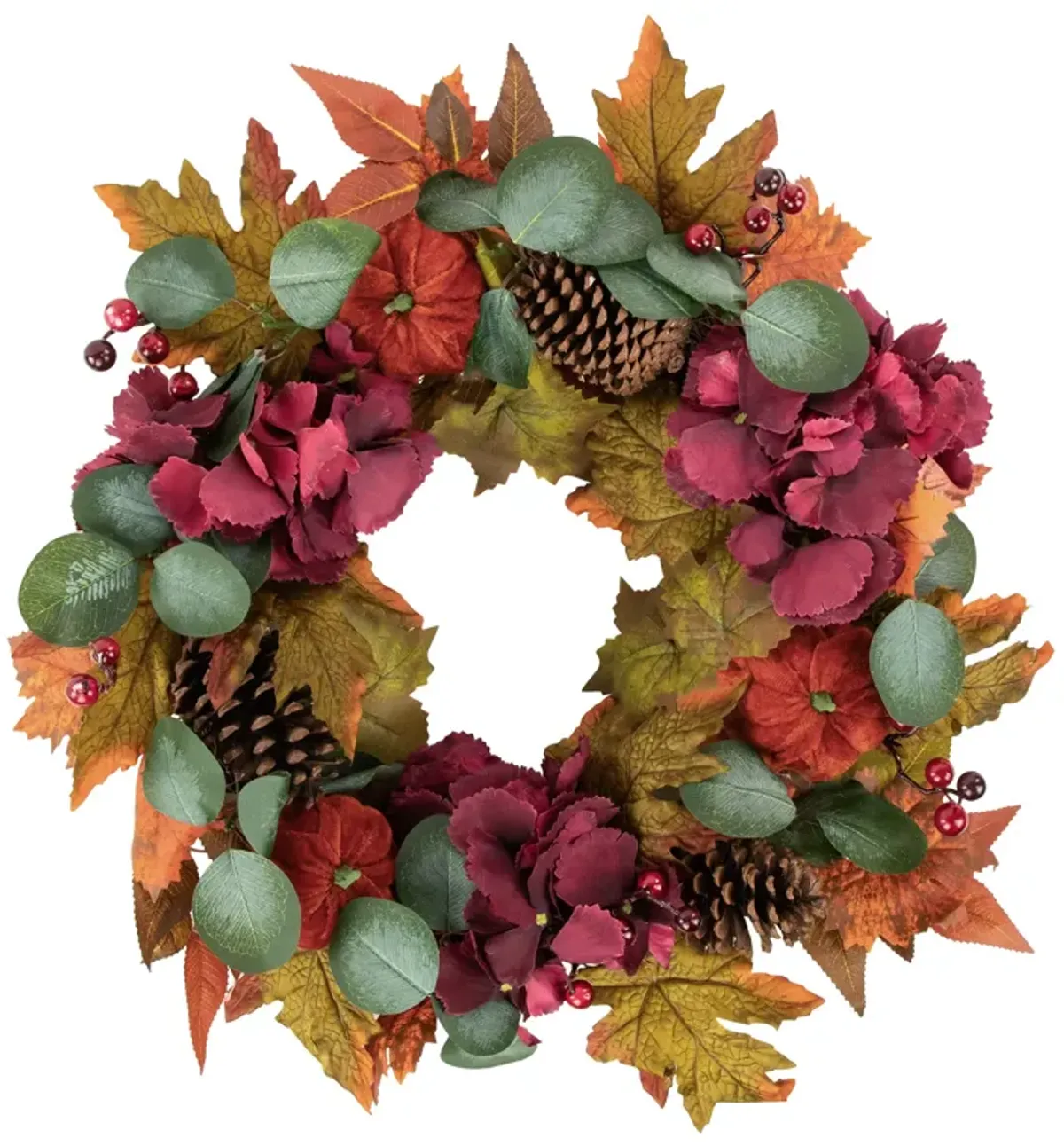 Orange and Burgundy Fall Harvest Artificial Floral and Pinecone Wreath  22-Inch