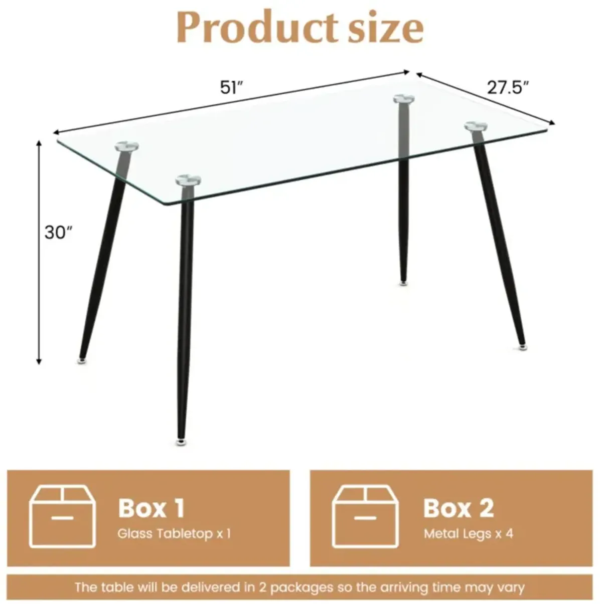 Hivvago Modern Glass Rectangular Dining Table with Metal Legs