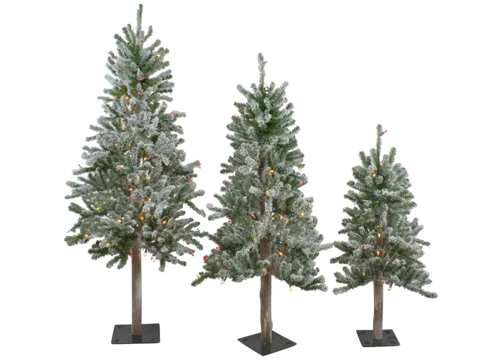 Set of 3 Pre-Lit Flocked Alpine Artificial Christmas Trees 5' - Multi Lights