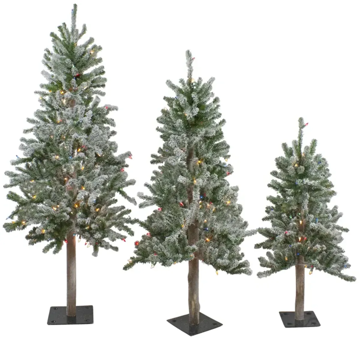 Set of 3 Pre-Lit Flocked Alpine Artificial Christmas Trees 5' - Multi Lights