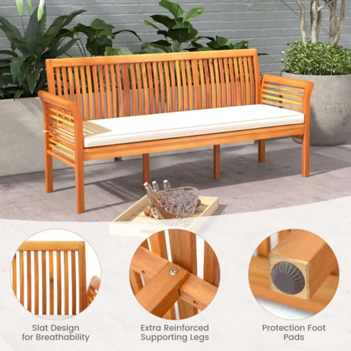 Hivvago 62.5 Inches Patio 3-Seat Wood Bench with Soft Seat Cushions-White