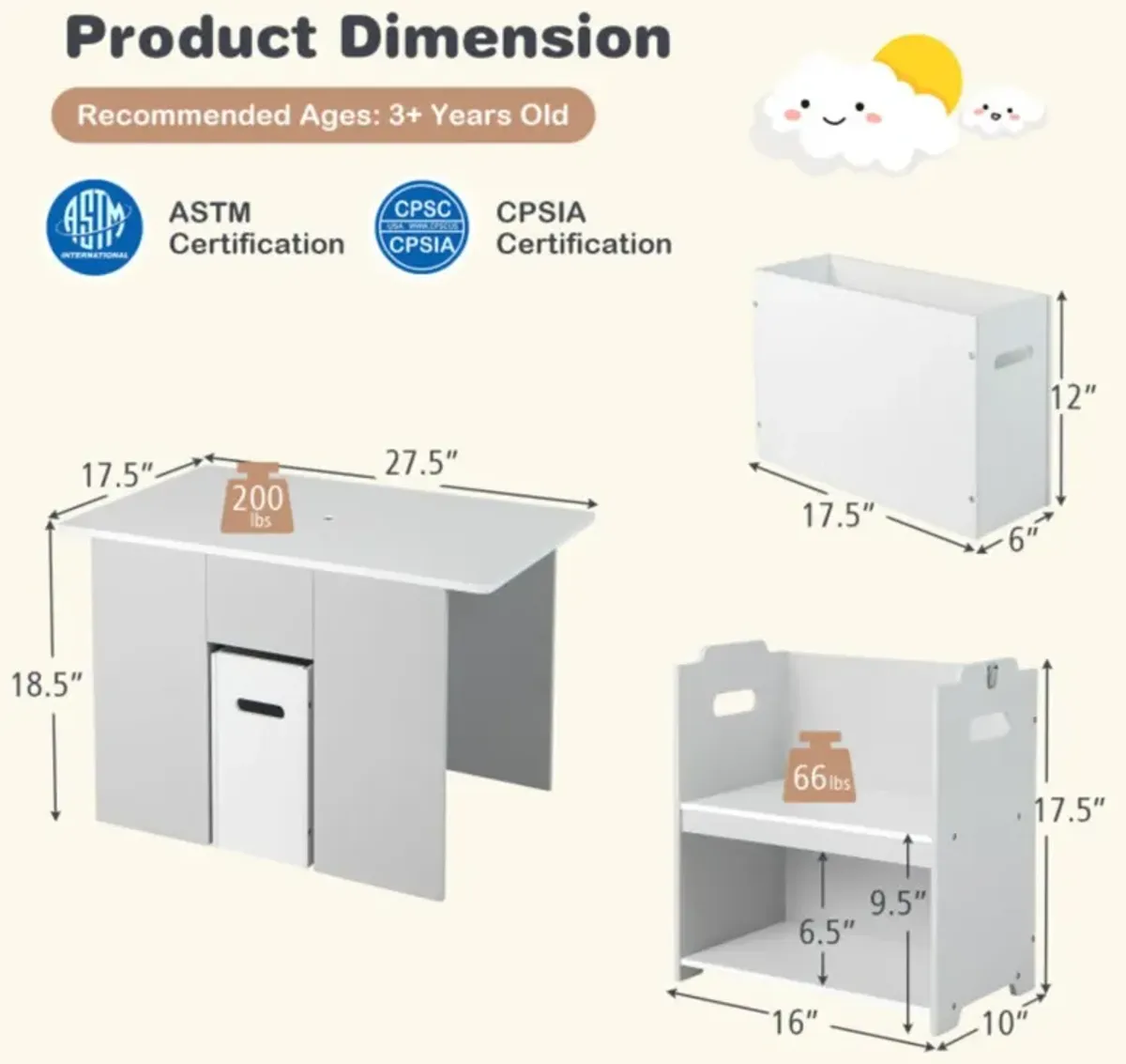 Hivvago 4-in-1 Kids Table and Chairs with Multiple Storage for Learning-Gray