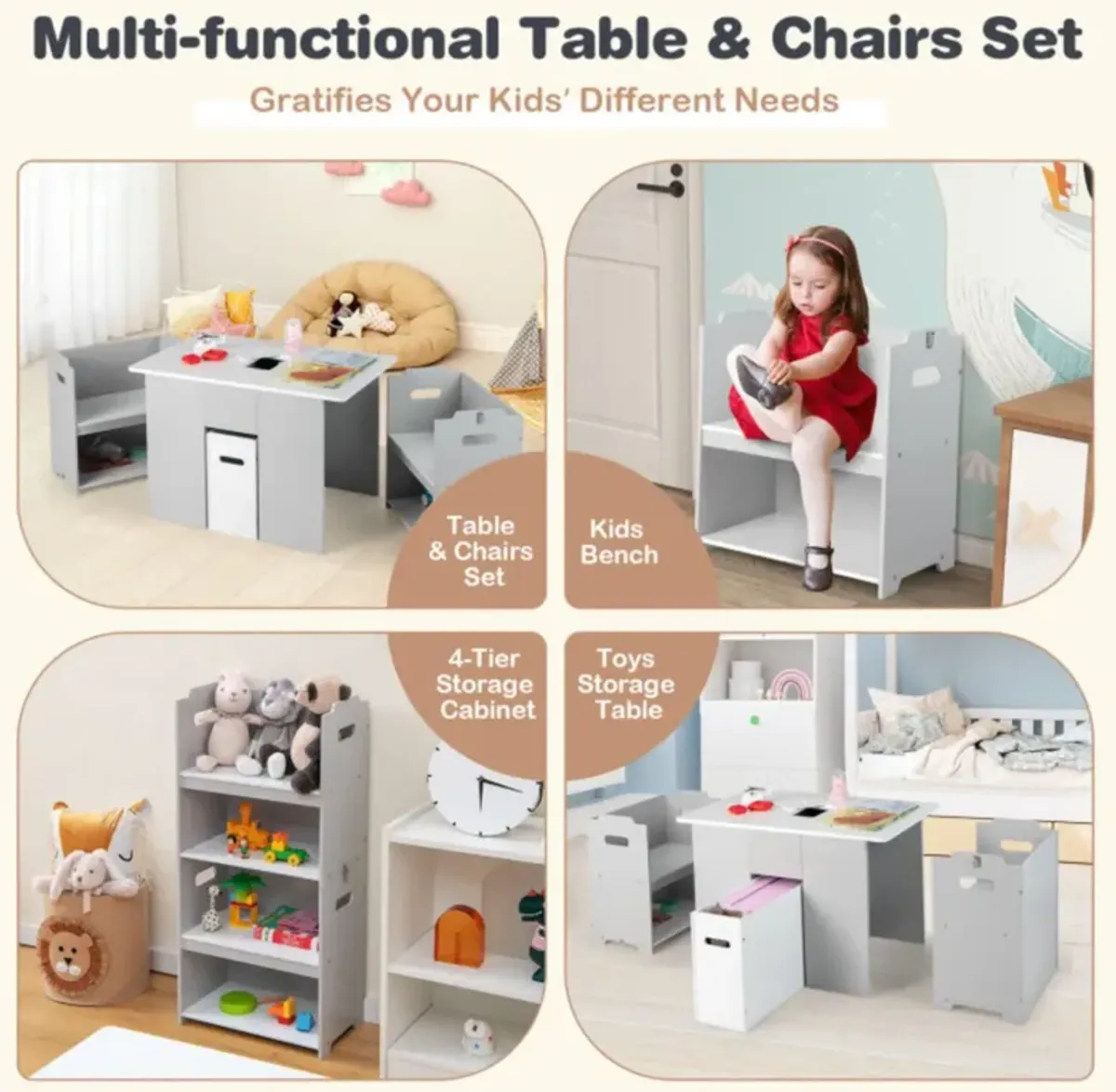 Hivvago 4-in-1 Kids Table and Chairs with Multiple Storage for Learning-Gray