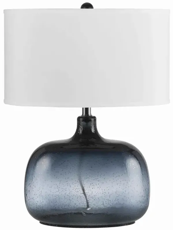 Glass Body Table Lamp with Drum Shade and Bubble Design, Blue and White - Benzara
