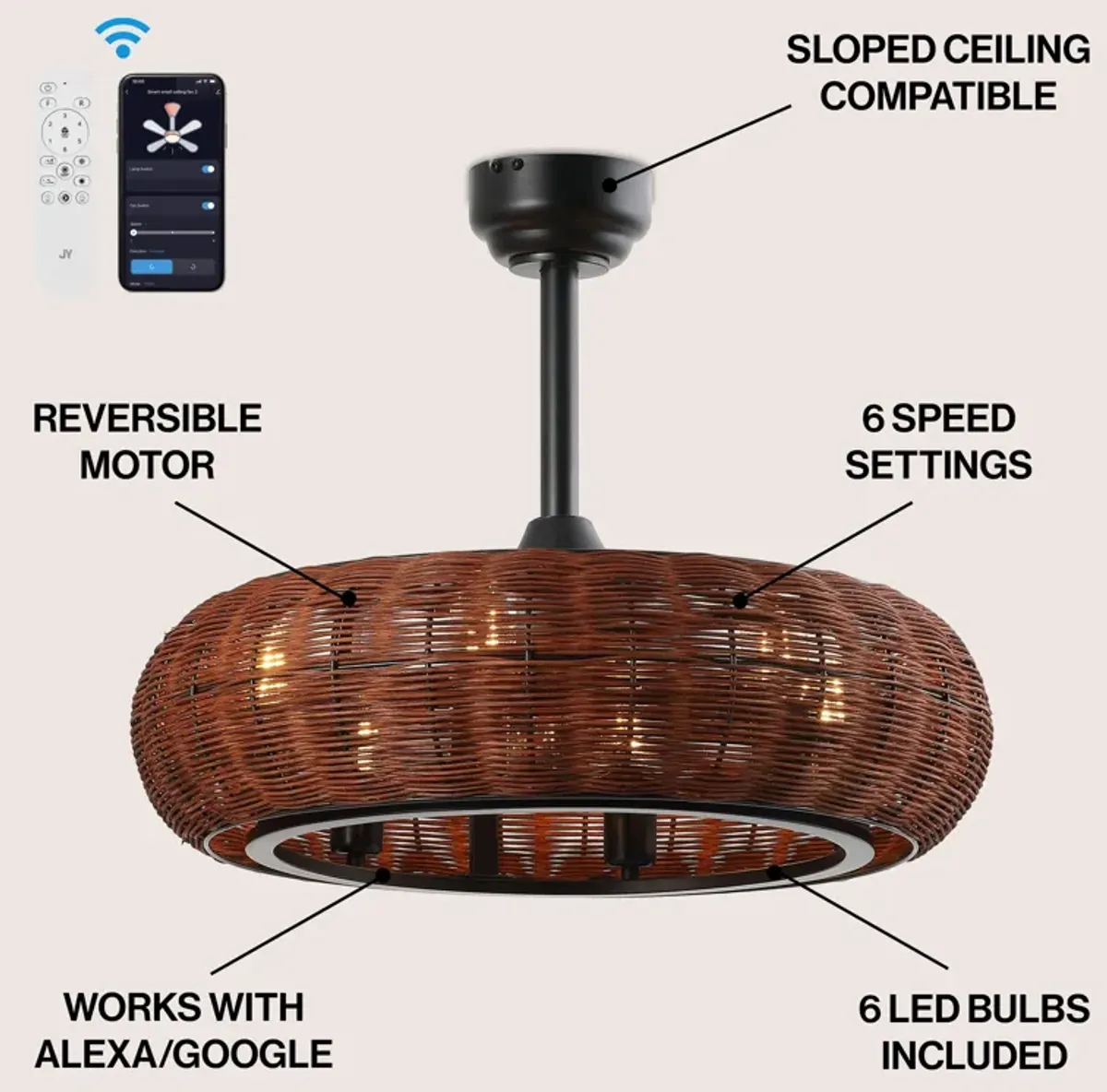 Cassidy 6-Light Modern Bohemian 6-Speed Metal Rattan Mobile-App Remote-Controlled Height-Adjustable Lantern LED Ceiling Fan