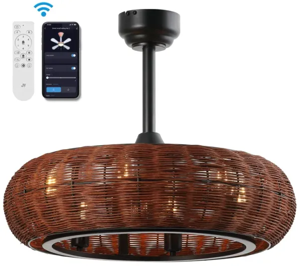 Cassidy 6-Light Modern Bohemian 6-Speed Metal Rattan Mobile-App Remote-Controlled Height-Adjustable Lantern LED Ceiling Fan