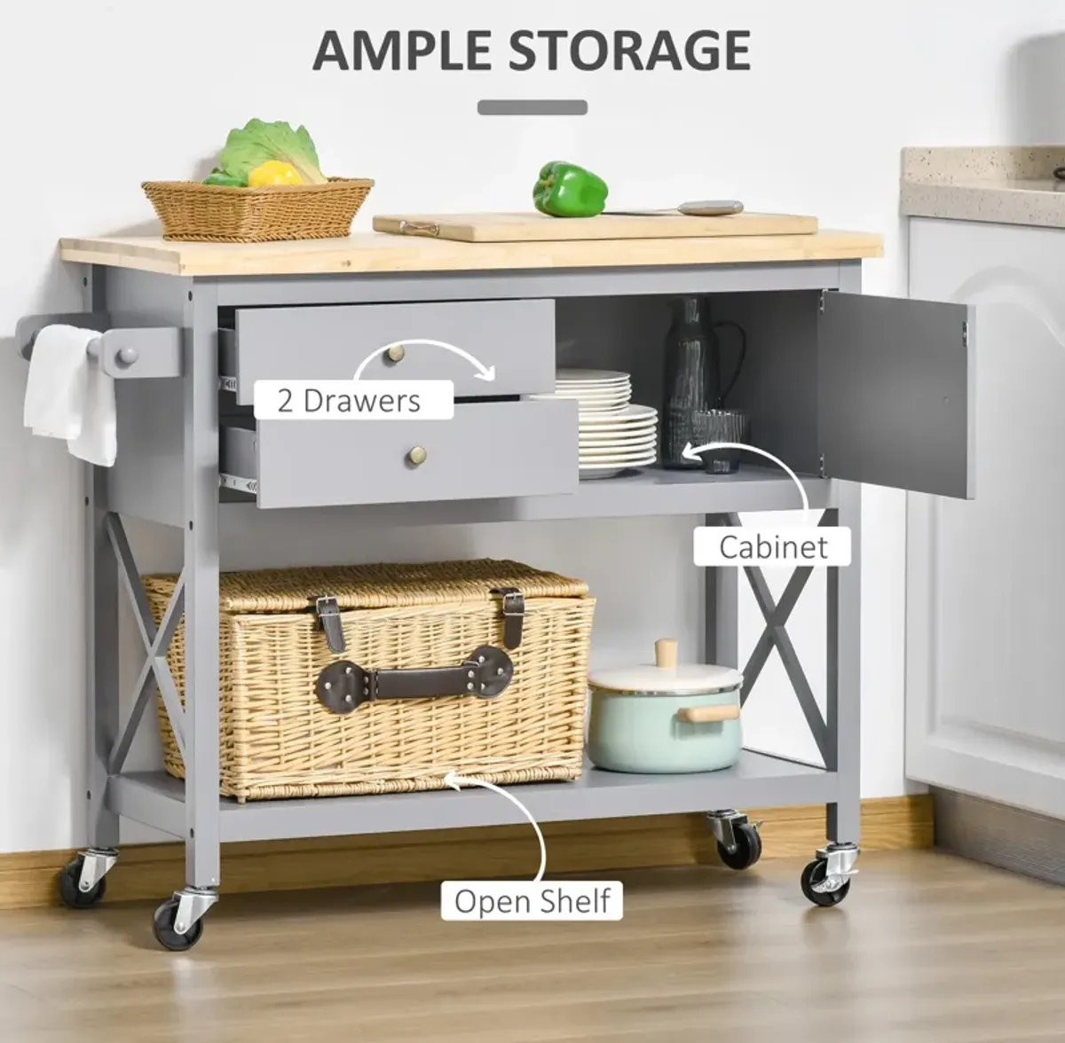 Grey Kitchen Helper: Rolling Utility Cart with Rubberwood Top and Storage