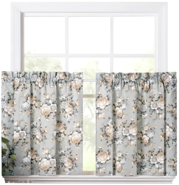 Ellis Bella Rose Stylish Medium Scale Printed Floral Pattern 1.5" Rod Pocket Tier for Windows 56"x36" Mist