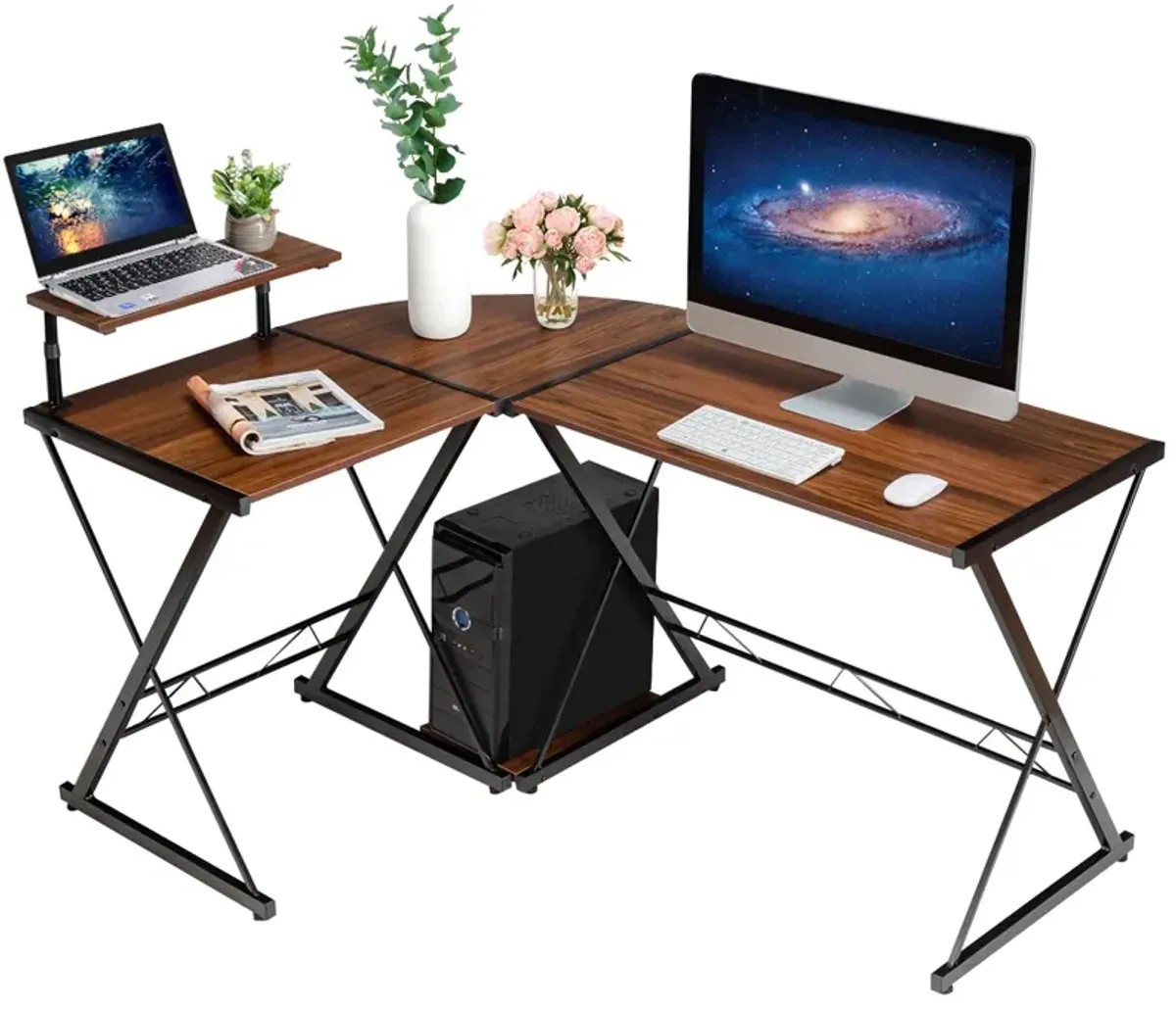 L-Shaped Desk Reversible Corner Computer Desk with Movable Shelf and CPU Stand