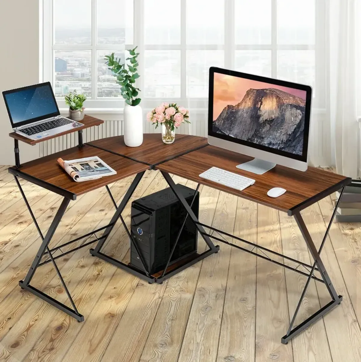 L-Shaped Desk Reversible Corner Computer Desk with Movable Shelf and CPU Stand