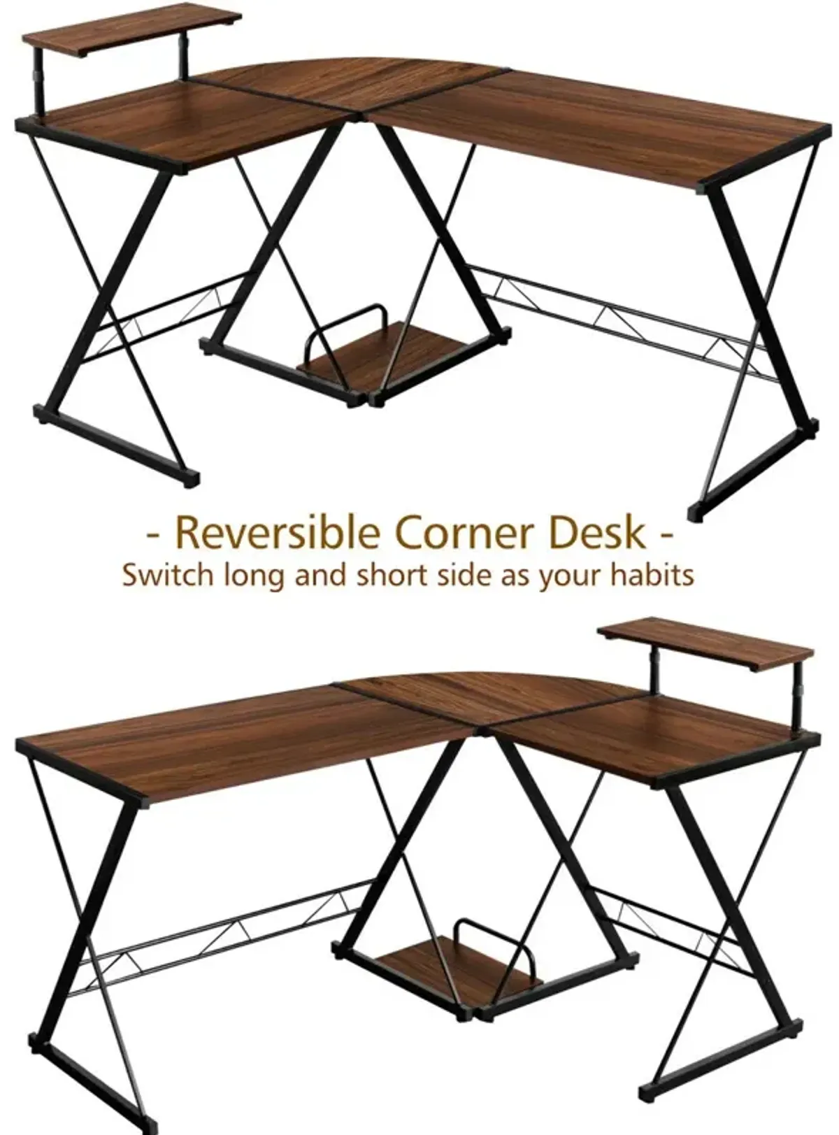 L-Shaped Desk Reversible Corner Computer Desk with Movable Shelf and CPU Stand