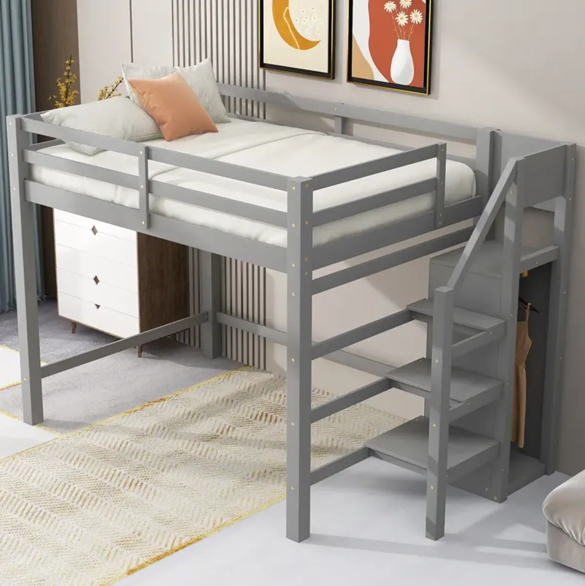 Merax Loft Bed with Storage Wardrobe and Staircase