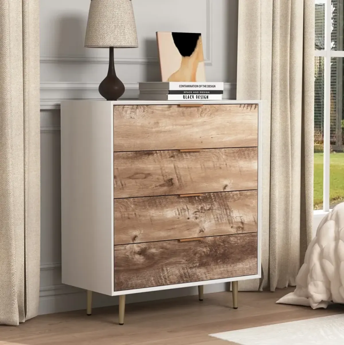 Wooden Tall 4 Drawer Dresser,Chest of Drawers with 4 Metal Legs, Anti-Tipping Device for Bedroom,Living Room