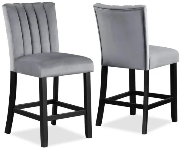 Marcus 26 Inch Counter Height Chair Set of 2, Channel Tufted, Wood, Gray - Benzara