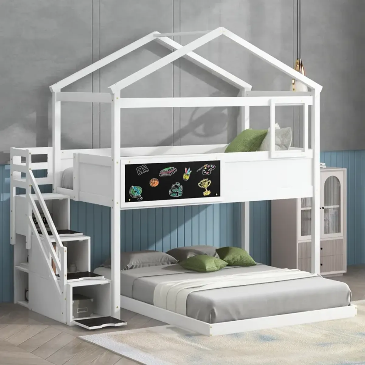 Twin Over Full House Bunk Bed With Storage Staircase And Blackboard