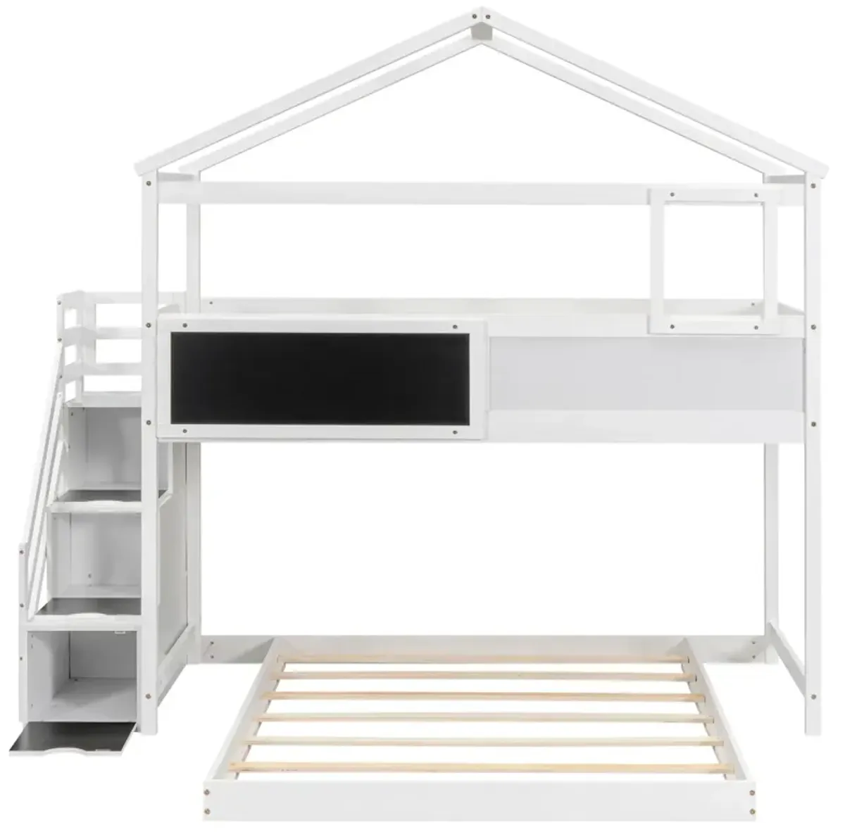 Twin Over Full House Bunk Bed With Storage Staircase And Blackboard