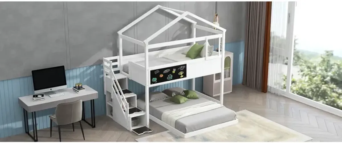 Twin Over Full House Bunk Bed With Storage Staircase And Blackboard