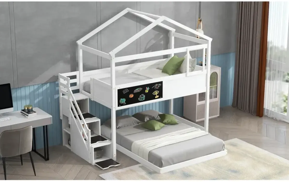 Twin Over Full House Bunk Bed With Storage Staircase And Blackboard