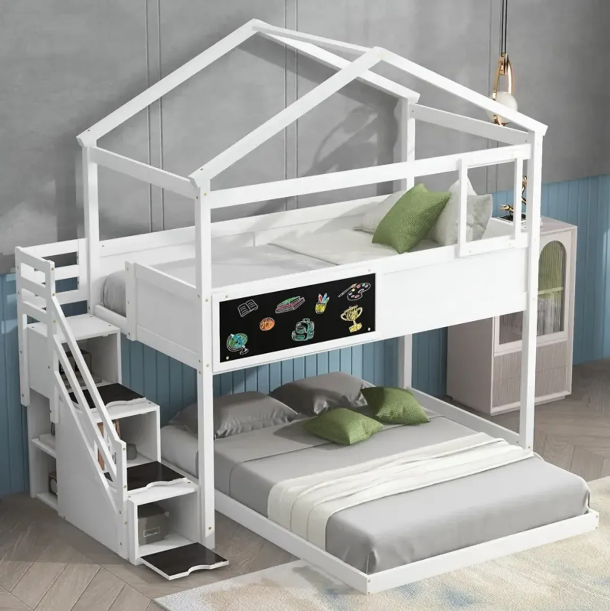 Twin Over Full House Bunk Bed With Storage Staircase And Blackboard